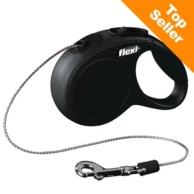 Flexi samonavíjacie vodítko s čiernym plastovým držadlom a kovovou karabínou, nápis Top Seller v oranžovom rohu Flexi samonavíjacie vodítko s čiernym plastovým držadlom a kovovou karabínou, nápis Top Seller v oranžovom rohu