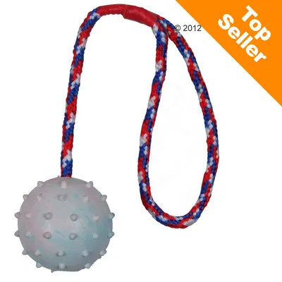 Palla con superficie a rilievo collegata a una corda intrecciata rossa, blu e bianca. Angolo in alto a destra: scritta Top Seller su sfondo arancione. Palla con superficie a rilievo collegata a una corda intrecciata rossa, blu e bianca. Angolo in alto a destra: scritta Top Seller su sfondo arancione.