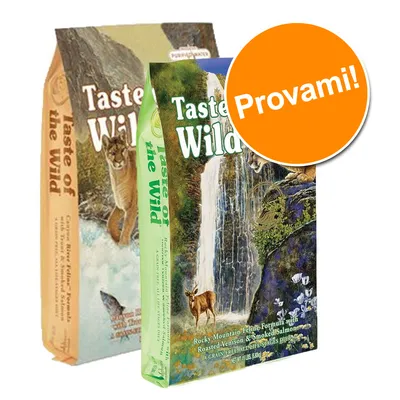 Due confezioni di Taste of the Wild, testo visibile: 'Provami!' su bollino arancione e 'Rocky Mountain Feline Formula with Roasted Venison & Smoked Salmon' sulla confezione frontale.