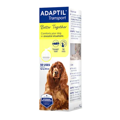 ADAPTIL Transport spray box, text: Better Together, Comforts your dog in stressful situations, 50 uses approx. Spray 60 ml, Veterinary recommended, icons for travel and vet visits visible.