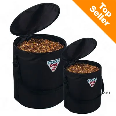 Kaksi avointa mustaa Food Bag -säilytyspussia, täynnä koiran kuivaruokaa. Oikeassa yläkulmassa oranssi kenttä: Top Seller.