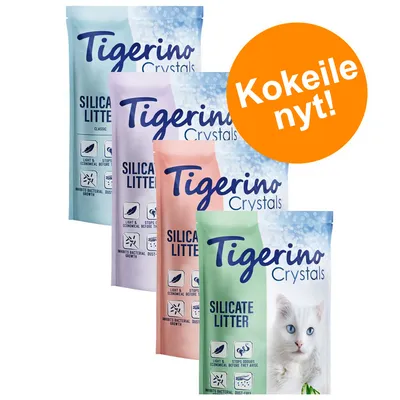 Tigerino Crystals Silicate Litter -kissanhiekkapakkaukset eri väreissä, pakkauksissa tekstit: light & economical, inhibits bacterial growth, stops odours before they arise, dust-free. Kokeile nyt!