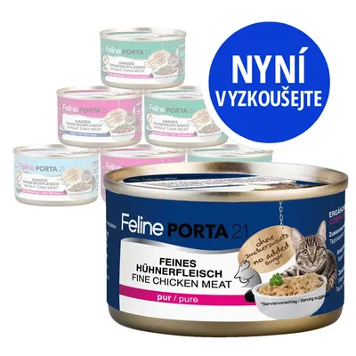 Konzervy Feline PORTA 21, viditelné texty: FEINES HÜHNERFLEISCH FINE CHICKEN MEAT pur/pure, ohne zuckerzusatz no added sugar, NYNÍ VYZKOUŠEJTE. Obaly s tuňákem a krevetami.