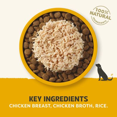 100 % naturliga ingredienser. Huvudingredienser: kycklingbröst, kycklingbuljong, ris.