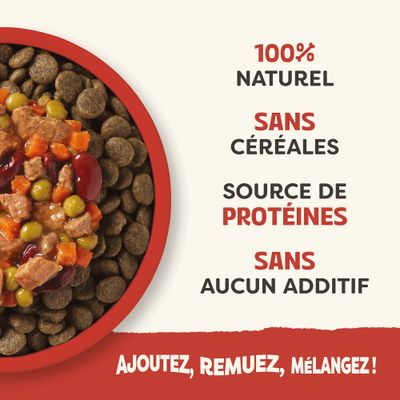 100 % naturel, sans céréales, source de protéines, sans additifs. Ajoutez, mélangez, incorporez !