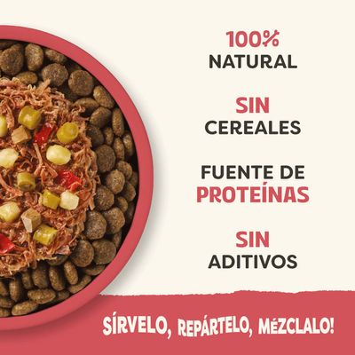 100% natural, sin cereales, fuente de proteínas, sin aditivos. Sírvelo, compártelo, mézclalo.