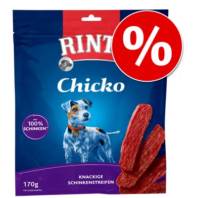 RINTI Chicko, 170 g, mit 100% Schinken, Knackige Schinkenstreifen. Grand pourcentage de réduction indiqué par un symbole % rouge en haut à droite.