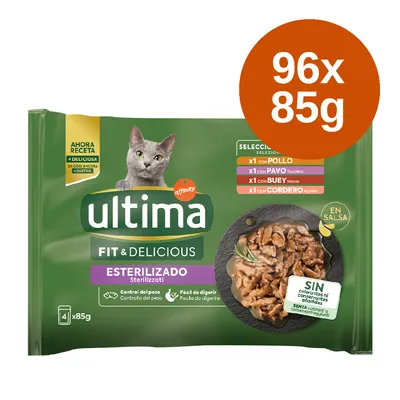 Ultima Fit & Delicious Sterilizado krmivo pro kočky v omáčce, výběr: kuře, krůta, hovězí, jehněčí. Balení 96x85g. Bez barviv a konzervantů.