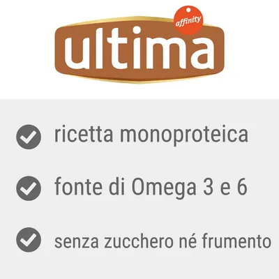 ultima affinity, ricetta monoproteica, fonte di Omega 3 e 6, senza zucchero né frumento