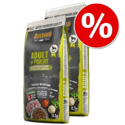 Belcando Dog Food Adult GF Poultry, 2 worki po 12,5 kg, formuła bez zbóż, widoczne oznaczenie promocji procentowej na czerwonym tle