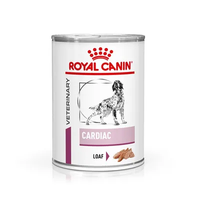 Royal Canin Veterinary Cardiac Loaf tin with dog illustration, CARDIAC and LOAF text visible on label
