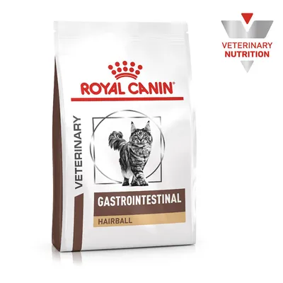 Bag labelled Veterinary Gastrointestinal Hairball, showing a cat image and the words Veterinary Nutrition in the corner.