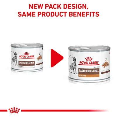 Text: NEW PACK DESIGN, SAME PRODUCT BENEFITS. Two Royal Canin Gastrointestinal Low Fat cans shown with new and old packaging side by side, red arrow between them. Text: NEW PACK DESIGN, SAME PRODUCT BENEFITS. Two Royal Canin Gastrointestinal Low Fat cans shown with new and old packaging side by side, red arrow between them.