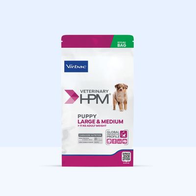 Virbac Veterinary HPM Puppy Large & Medium, >11 kg felnőtt testsúly, Carnivore Nutrition: magas fehérjetartalom 38%, alacsony szénhidráttartalom 23,5%, globális megelőző profil, újrahasznosítható csomagolás.