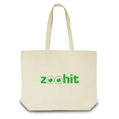 Bavlněná taška s dvěma uchy, zelený nápis zoohit na přední straně.