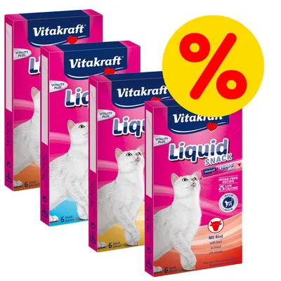 Vitakraft Liquid Snack, verschiedene Sorten, Packungen mit weißer Katze und gelbem Prozentzeichen für Rabattaktion sichtbar.
