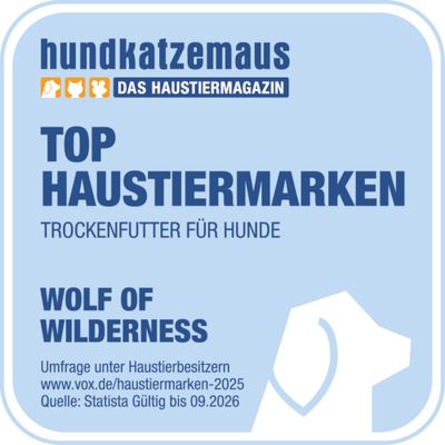 hundkatzemaus Das Haustiermagazin: Top Haustiermarken Trockenfutter für Hunde, Wolf of Wilderness. Umfrage unter Haustierbesitzern, gültig bis 09.2026.