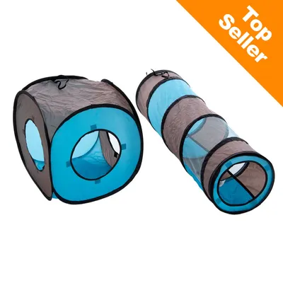 Blå og grå legetunnel og kube i stof med runde åbninger, tekst 'Top Seller' øverst til højre på orange baggrund.