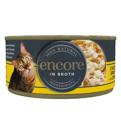 Консерва за котки encore in broth, 100% natural ingredients. Изображение на котка и парчета месо в бульон. Видим етикет с жълта лента.