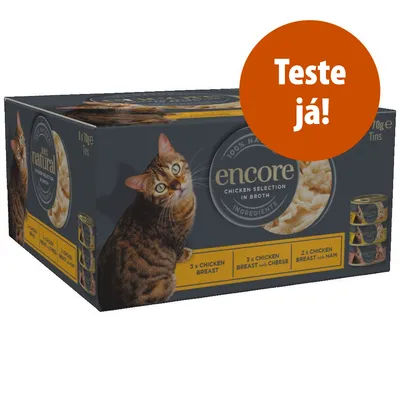 Caixa de comida para gato encore Chicken Selection in Broth, 8 latas de 70 g. Inclui: 3x chicken breast, 3x chicken breast with cheese, 2x chicken breast with ham. Texto visível: Teste já!