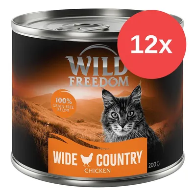 Wild Freedom Wide Country Chicken, 100% grain-free recipe, 200 g, zestaw 12 puszek. Na etykiecie widoczny kot i napis 'Chicken'. Wild Freedom Wide Country Chicken, 100% grain-free recipe, 200 g, zestaw 12 puszek. Na etykiecie widoczny kot i napis 'Chicken'.