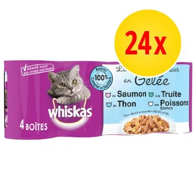 Whiskas 4 boîtes, 24x. Text på franska: adapté aussi aux chats stérilisés, repas 100% complet et équilibré, au saumon, au thon, à la truite, aux poissons blancs.