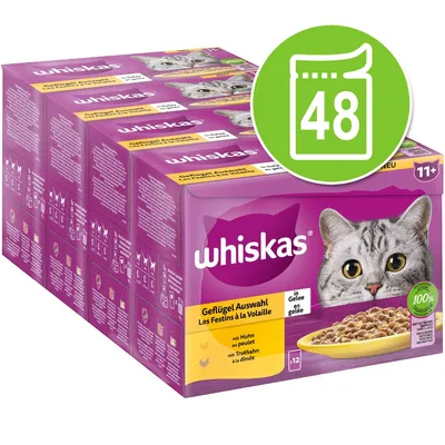 Lot de sachets Whiskas Les Festins à la Volaille 11+, 48 unités, visible : au poulet, à la dinde, en gelée. Texte en français et allemand sur l’emballage.