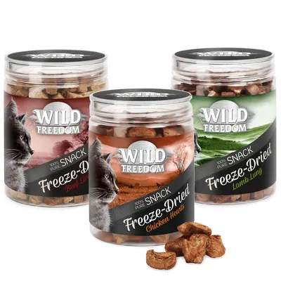 Wild Freedom gabonamentes Freeze-Dried snackek próbacsomagban - 3 változat: csirkeszív, báránytüdő, marhamáj