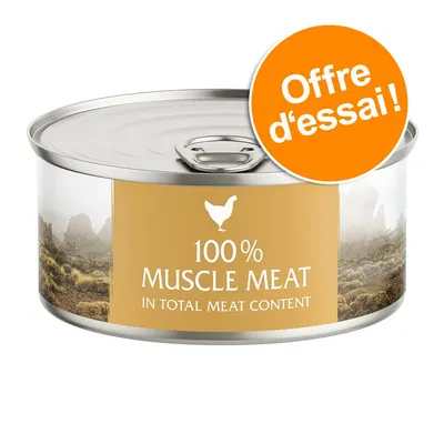 Texte sur la boîte : 100 % muscle meat in total meat content. Pastille orange : Offre d’essai !