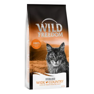 Wild Freedom Sterilised Wide Country kattefoder, 100% grain-free recipe, lots of fresh poultry meat, 6,5 kg. Billede af kat på pakken. Wild Freedom Sterilised Wide Country kattefoder, 100% grain-free recipe, lots of fresh poultry meat, 6,5 kg. Billede af kat på pakken.