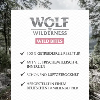 Wolf of Wilderness Wild Bites: 100% getreidefreie Rezeptur, mit viel frischem Fleisch & Innereien, schonend luftgetrocknet, hergestellt in einem deutschen Familienbetrieb.