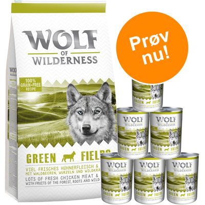 Prøvepris: 12 kg Wolf of Wilderness + 6 x 400 g / 6 x 800 g vådfoder Variant 1: Green Fields Lam tør-/vådfoder (12 kg + 6 x 400 g)
