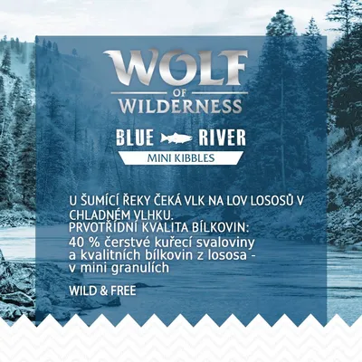 Wolf of Wilderness Blue River Mini Kibbles. 40 % čerstvé kuřecí svaloviny a kvalitních bílkovin z lososa v mini granulích. Wild & Free.
