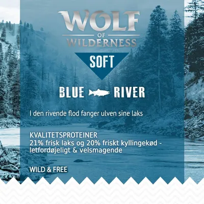 Wolf of Wilderness Soft Blue River. KVALITETSPROTEINER: 21% frisk laks og 20% friskt kyllingekød, letfordøjeligt & velsmagende. Wild & Free. I den rivende flod fanger ulven sine laks.