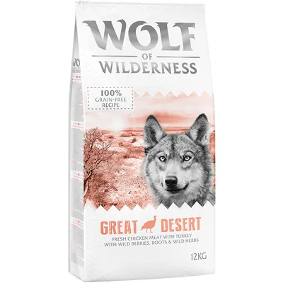 Wolf of Wilderness Great Desert, 12kg. Ricetta 100% senza cereali con carne fresca di pollo e tacchino, frutti di bosco selvatiche, radici ed erbe selvatiche.