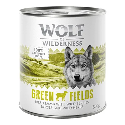 Wolf of Wilderness Green Fields, 800g konzerva. 100 % bezobilninový recept s čerstvým jahňacím, lesnými plodmi, koreňmi a bylinkami.