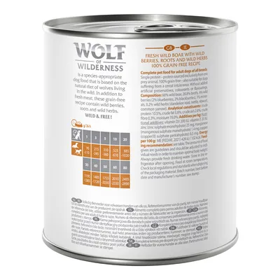 Wolf of Wilderness, tabela dawkowania karmy dla psów: waga psa 1–80 kg, dzienne porcje 215–2890 g. Skład: 66% dziczyzna, 2% jagody, korzenie, zioła. Analiza: białko 10,5%, tłuszcz 8,5%.