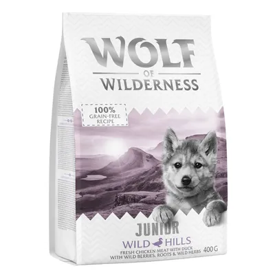 Wolf of Wilderness Junior Wild Hills, 100% беззърнецова рецепта, прясно пилешко месо с патица, горски плодове, корени и билки, 400g.