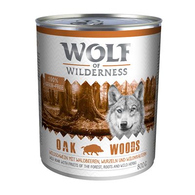 Консерва Wolf of Wilderness Oak Woods, 800 г. Видны надписи: 100% grain-free, wild boar with fruits of the forest, roots and wild herbs. Изображение волка и леса на упаковке.