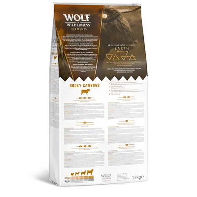 Wolf of Wilderness Elements Rocky Canyons -koiranruokapakkaus, 12 kg. Näkyvissä ruokintaohjeet eri painoluokille ja ravintosisältötaulukko. Pakkaus sisältää tekstiä useilla kielillä.