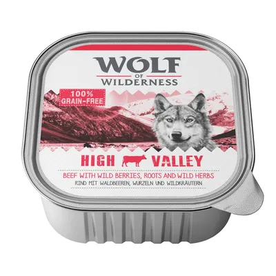 Wolf of Wilderness High Valley. 100% sem cereais. Bovino com bagas silvestres, raízes e ervas selvagens.