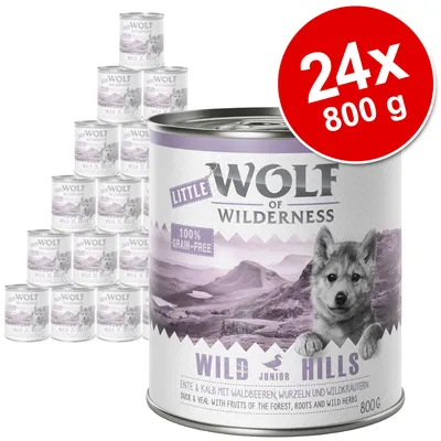 Set 24x800 g conserve Little Wolf of Wilderness Wild Hills, 100% grain-free, rață și vițel cu fructe de pădure, rădăcini și ierburi sălbatice. Text vizibil: Junior, 800 g. Set 24x800 g conserve Little Wolf of Wilderness Wild Hills, 100% grain-free, rață și vițel cu fructe de pădure, rădăcini și ierburi sălbatice. Text vizibil: Junior, 800 g.