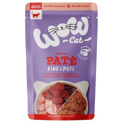 wow Cat Premium Paté Rind & Pute, rund en kalkoen, 100% vlees, graanvrij, Made in Germany, afbeelding van vlees en paté in een kom op de verpakking.