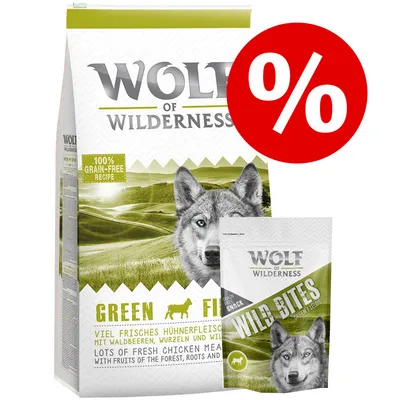 Wolf of Wilderness Green Fields croquettes et sachet Wild Bites, mention 100% grain-free recipe, grand symbole pourcentage rouge indiquant une offre ou promotion visible sur l’image.