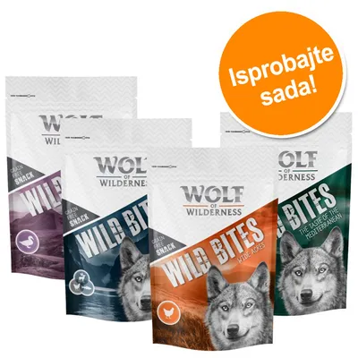 Višestruka pakiranja Wolf of Wilderness Wild Bites grickalica za pse, različite boje i natpisi. Narančasti krug s tekstom: Isprobajte sada!