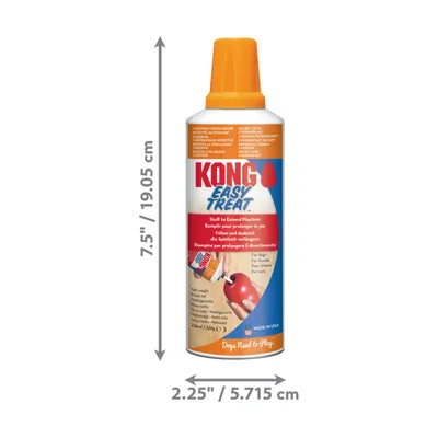 KONG Easy Treat can with cheddar cheese recipe, labelled for extending playtime. Dimensions shown: 19.05 cm tall and 5.715 cm wide. Net weight 226g.