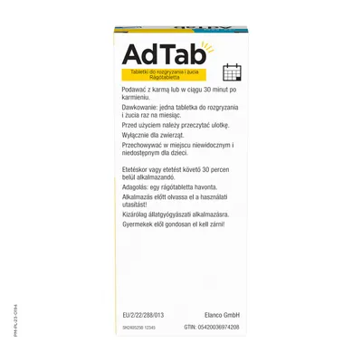 AdTab Tabletki do rozgryzania i żucia. Dawkowanie: jedna tabletka raz na miesiąc. Przed użyciem przeczytać ulotkę. Wyłącznie dla zwierząt. Przechowywać poza zasięgiem dzieci.