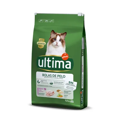 Sacchetto di crocchette per gatti Ultima Affinity Bolas de Pelo, gusto tacchino, 7,5 kg. Testo visibile: SIN coloranti conservanti artificiali, con ingredienti di prima qualità.