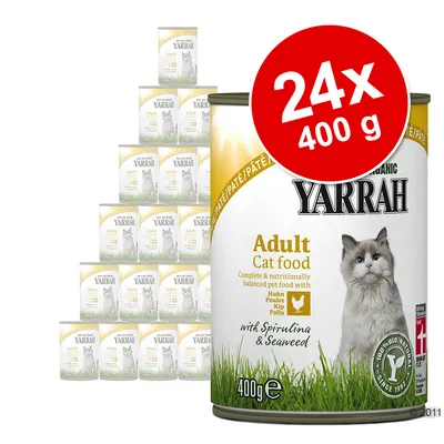 Yarrah Adult Cat food, 24 x 400 g dåser. Synlig tekst: Huhn, Poulet, Kip, Pollo, with Spirulina & Seaweed, 100 % BIO, billede af kat på emballagen.