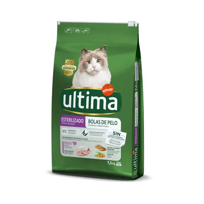 Sacchetto di crocchette per gatti sterilizzati Ultima Affinity, bolas de pelo, tacchino, 7,5 kg. Testi visibili: 'sin colorantes ni azúcares añadidos', 'con ingredientes de primera calidad'.